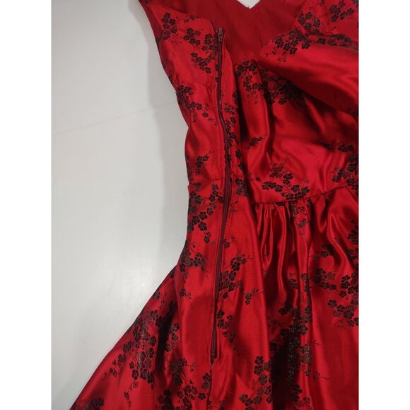 Y2K Red Halter Midi Gothic Satin Valentine's Day Prom Floral Jacquard Dress - L - Picture 10 of 16